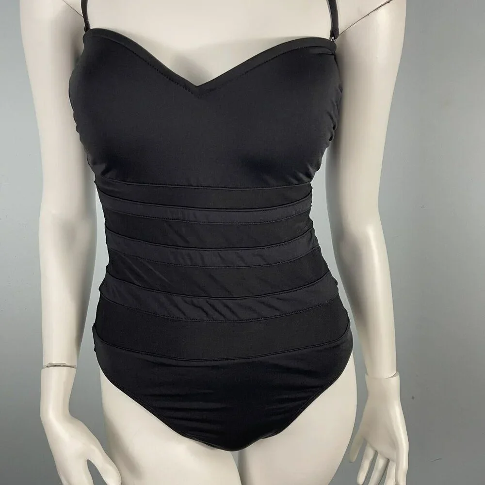 La Blanca‎ Halter Sheer Striped Slimming One Piece Swimwear Black Size 10
